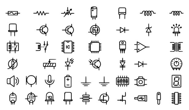 Electronic engineering monoline icon set with capacitors resistors transistors relays and cathode display modules vector illustration