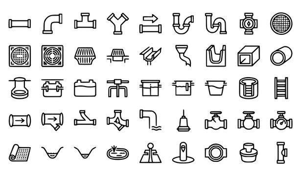 Drainage and sewer monoline icon set with wastewater pipes rain gutters U channels and manhole covers vector illustration editable stroke
