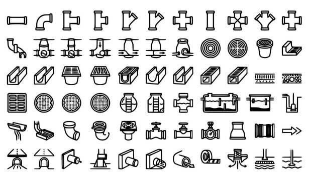 Sewer and drainage infrastructure outline icon collection with wastewater pipes gutters channels and manhole covers vector set