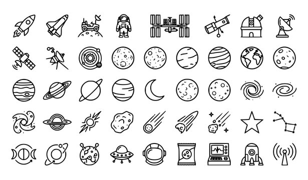 Outer space line icon set with rocket planets satellite astronaut telescope and solar system symbols vector illustration editable stroke