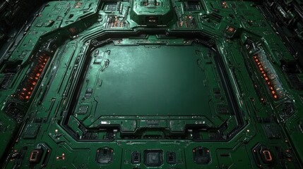 Fototapeta premium A detailed view of a green circuit board with glowing features and complex designs