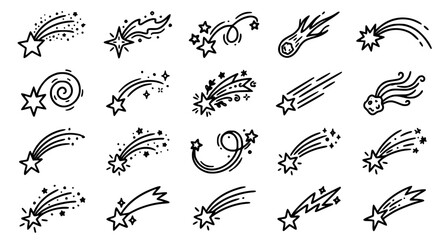 Hand Drawn Shooting Star and Meteor Trail Vector Icons with Cosmic Spark Effects © MdAbdus