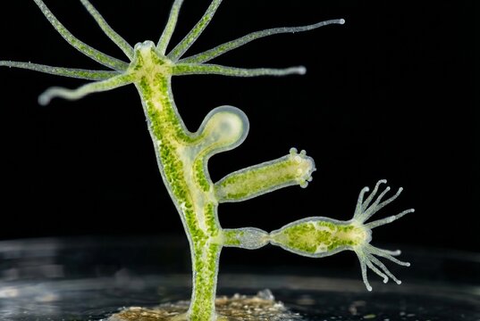 Microscopic view of green hydra reproducing asexually by budding on dark background