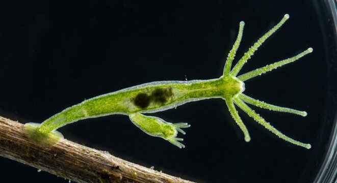 Transparent freshwater hydra polyp attached to twig digesting prey in gastrovascular cavity