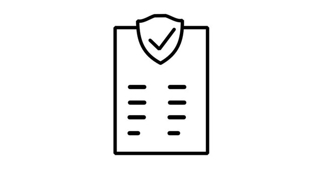 Animated line icon displaying a strict compliance document report protected by a secure checkmark shield for valid corporate insurance.