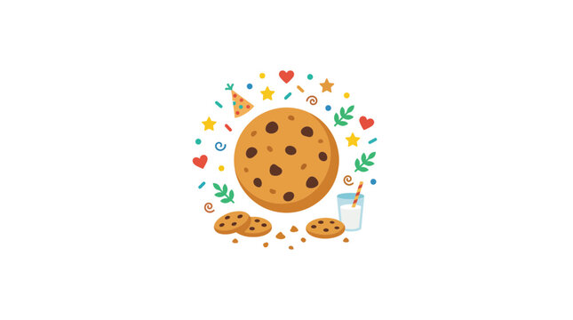 Cute Chocolate Chip Cookie with Milk and Decorative Icons Illustration