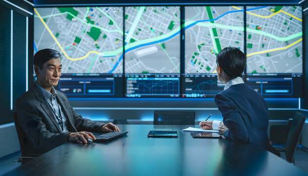 Urban Navigation Hub: Two professionals collaborate in a high-tech control room, overseeing city maps and data streams displayed on multiple large screens.