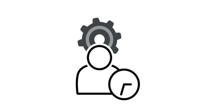 Animated line icon featuring a worker profile with a gear brain and a clock, illustrating technical schedule maintenance optimization.