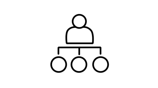 Animated line icon depicting an organizational business structure chart connecting a leader avatar to multiple team member network branches.