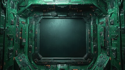 Fototapeta premium A corridor filled with intricate green panels and glowing lights inviting exploration