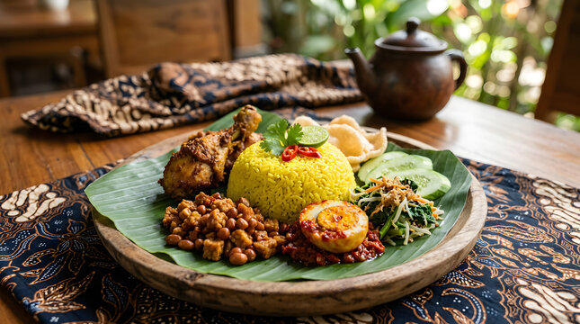 Traditional Indonesian yellow rice served on a wooden plate with spicy fried chicken egg tempeh and fresh green vegetable salad