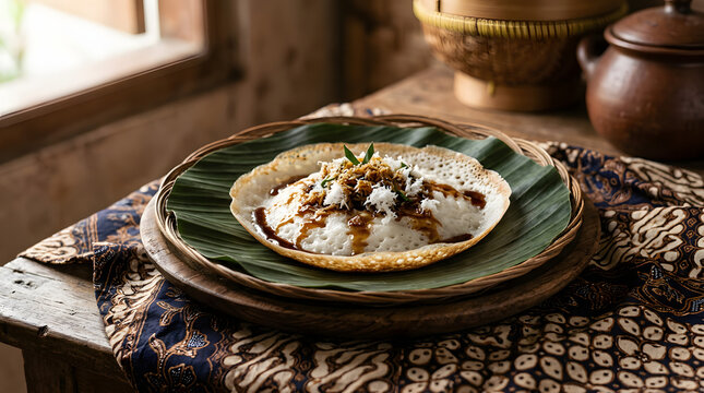 Authentic indonesian serabi pancake served on a traditional banana leaf with brown sugar syrup and grated coconut shredded topping garnish