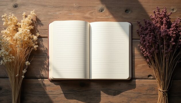 Open blank notebook on wooden table with dried flowers. Empty pages wait for writing. Rustic scene suggests journaling or planning. Perfect for creative writing or memory keeping.