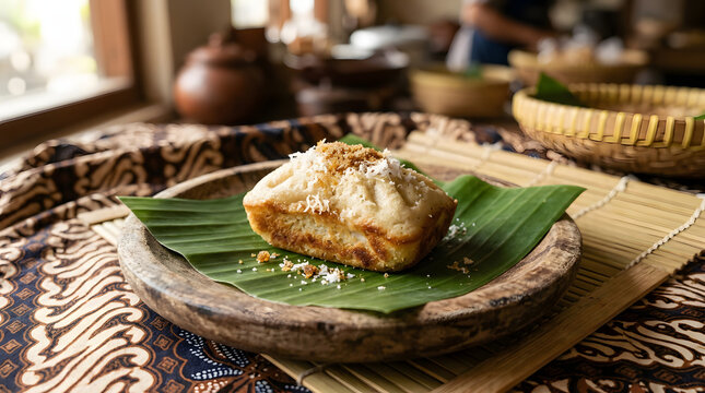 Traditional indonesian apem cake served on a rustic wooden plate with grated coconut and brown sugar for sweet snacks