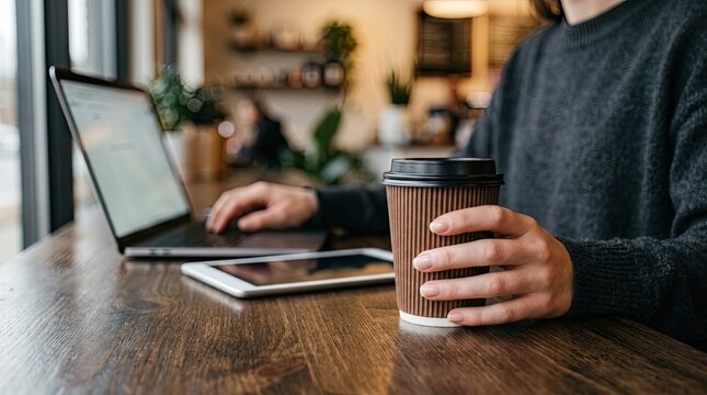 Person working on laptop with coffee in cafe.