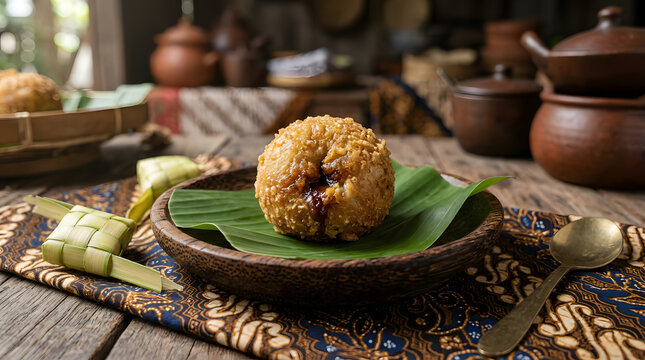 Traditional indonesian fried snack called misro featuring a crispy golden brown texture served on a beautiful green banana leaf plate