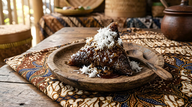 Delicious traditional indonesian lupis cake served on a rustic wooden plate with grated coconut and sweet brown sugar syrup drizzle