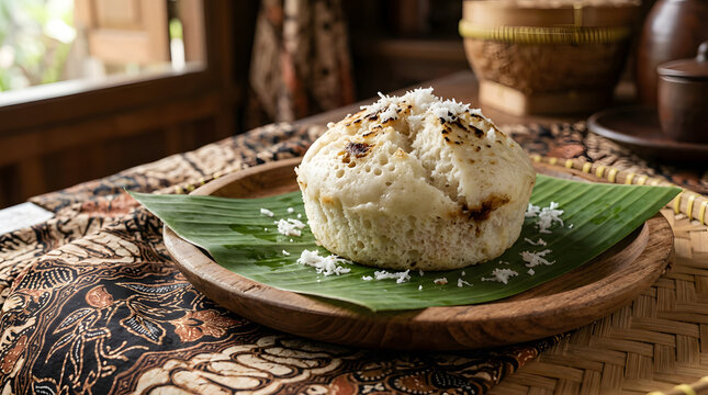 Traditional indonesian steamed rice cake topped with shredded coconut served on a wooden plate over a classic batik fabric background