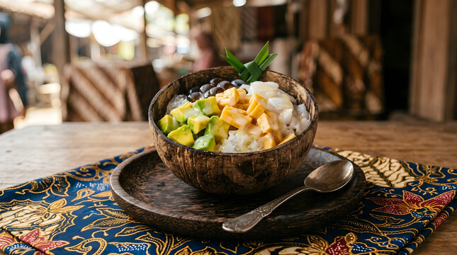 Traditional indonesian es teler dessert served inside a natural coconut shell bowl with fresh avocado jackfruit and sweet condensed milk