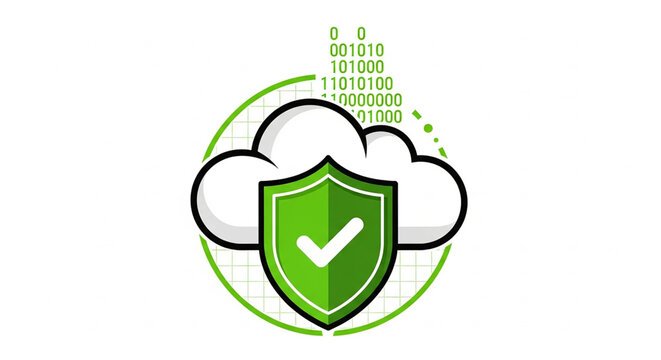Digital Security Shield with Binary Code and Checkmark in Flat Vector Illustration