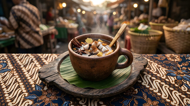 Steaming ginger herbal drink served in a rustic clay mug with traditional spices on a vibrant batik patterned table cloth
