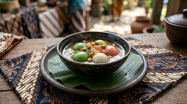 Traditional indonesian wedang ronde ginger soup served in a rustic ceramic bowl with colorful rice balls and crunchy roasted peanuts