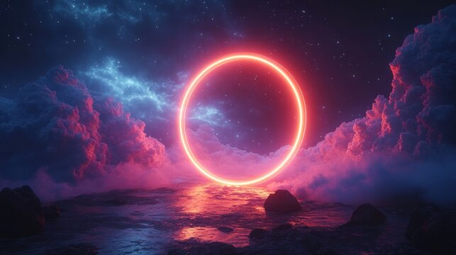 Bright neon circle shines over calm waters reflecting colors in a dreamy cosmic scene