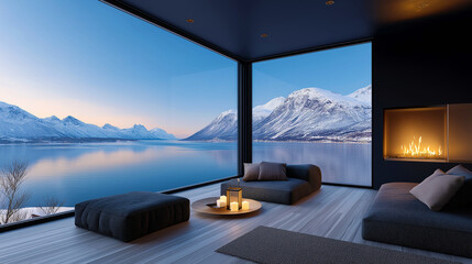 Fototapeta premium Modern luxury lounge interior with panoramic corner window and fireplace overlooking snowy mountains and fjord at twilight