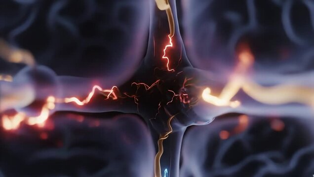 Neural communication suddenly interrupted inside the brain during a stroke, glowing electrical signals weakening across transparent synapses