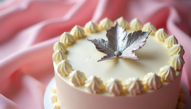 Cream cake with piped frosting and silver leaf decoration sits on pink satin fabric. Sweet dessert is ready for celebration or special occasion.