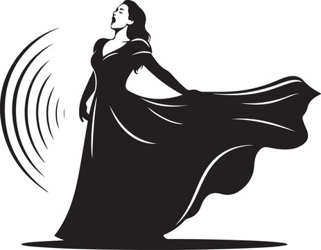 Elegant woman in a long dress singing on stage with sound waves