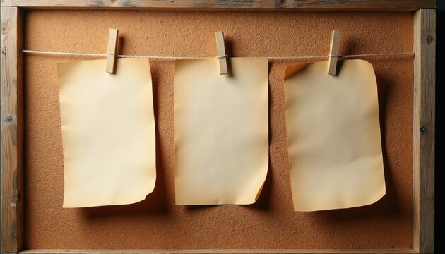 Three blank aged papers hang on clothesline attached to corkboard. Vintage notes and cards with copy space are clipped with wooden pegs. Retro memo board for messages or art.