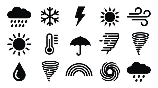 Weather icon set, black silhouette climate symbols including sunny, rainy, snowy and windy conditions in clean vector style for app, web and digital design.
