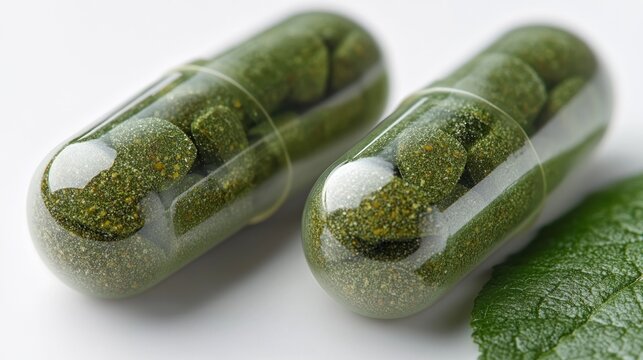 Two green capsules with herbal goodness rest by fresh leaves inviting wellness
