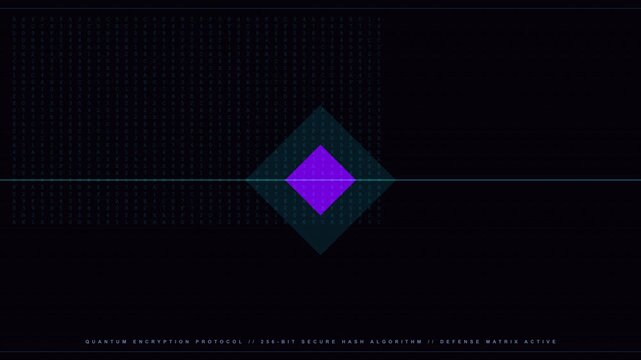 Quantum encryption protocol HUD with pulsing defense matrix and 256-bit secure hash algorithm