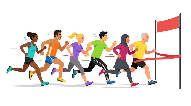 Diverse group of athletes sprinting towards the finish line, celebrating fitness and competition