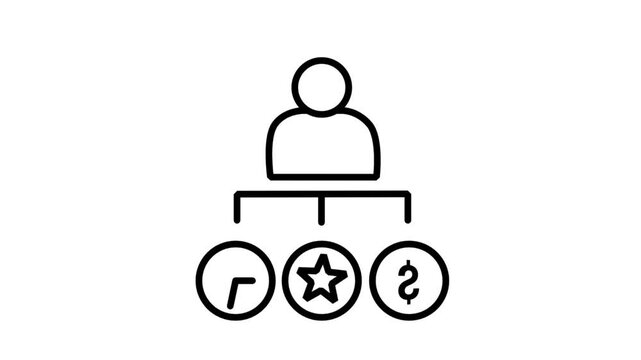 Animated line icon showing a management hierarchy structure directing down to clock, premium star, and dollar coin sub-categories.