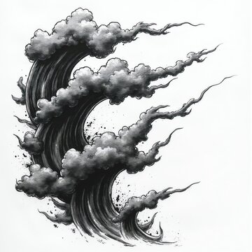 Black ink illustration of swirling dark clouds, smoke forming abstract shapes. Dynamic composition evokes sense of energy, movement on white background. Suitable for graphic design elements tattoo