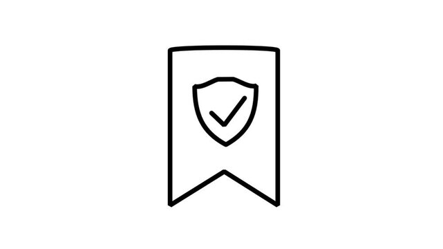 Animated line icon displaying a quality ribbon badge with a secure checkmark shield inside to represent certified premium data protection.