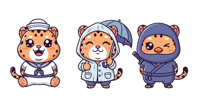 Cute cartoon leopards in different costumes and outfits.