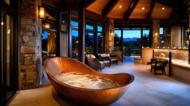 Opulent interior space features a hammered metal soaking tub overlooking an evening landscape