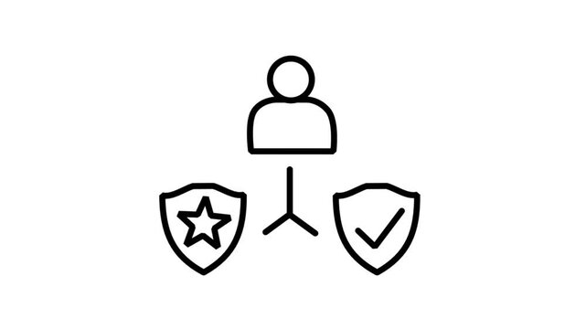 Animated line icon showing a user hierarachy network branching into premium star and secure checkmark shields for certified data protection.