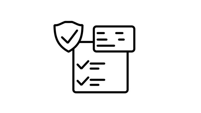 Animated line icon showing a completed checklist document protected by a security shield, representing safe contracts and verified business insurance.