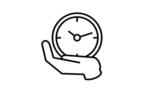 Animated line icon displaying a hand carefully holding a wall clock, representing effective time management, strict deadlines, and schedule control.