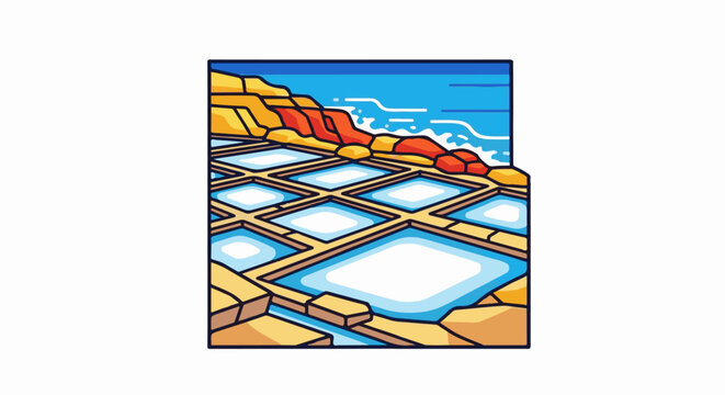 Stylized illustration of coastal salt evaporation ponds filled with blue water