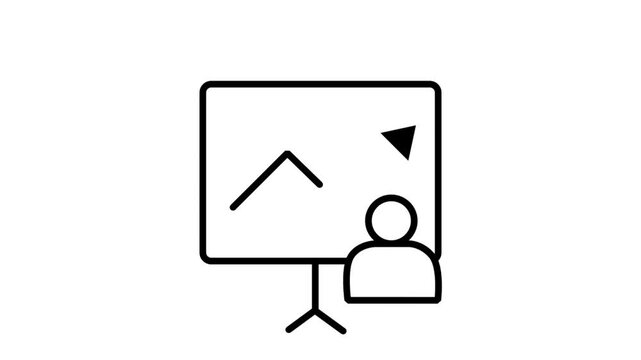 Business professional confidently presenting Motion Icon. Animated line icon showing a business professional confidently presenting a growth chart on a whiteboard to explain financial data analytics.
