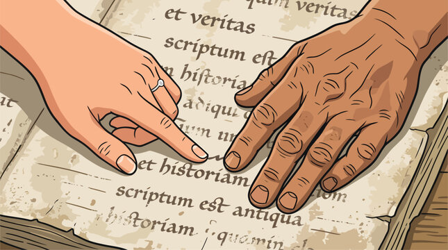 Two hands pointing at an old book with Latin text.