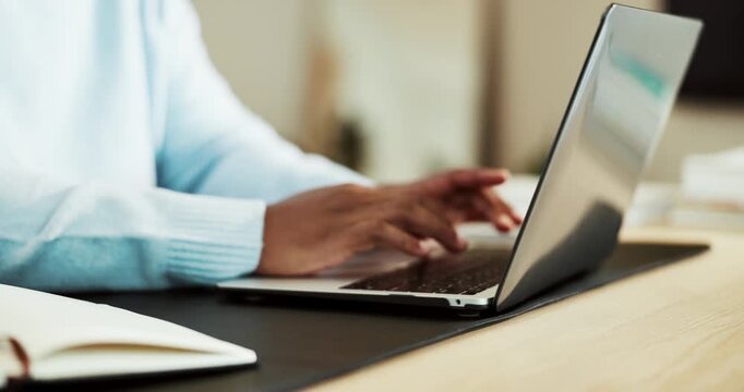 Remote work, review or hands in house with laptop, client report or budget feedback for funding pitch. WFH, man or finance advisor in home with tech, portfolio check or proposal plan for investment.