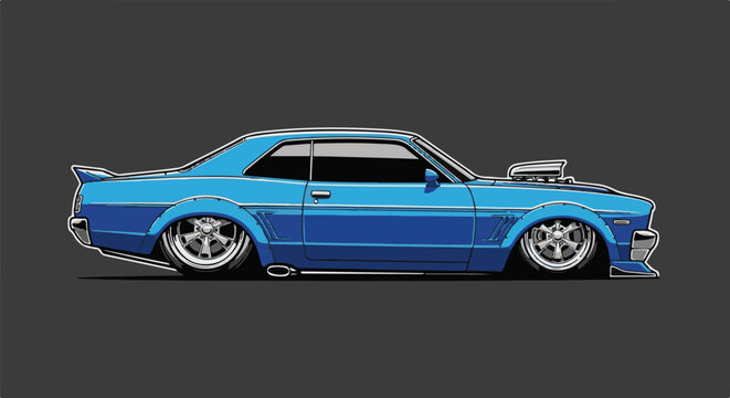Stylized blue coupe with exposed engine and low profile