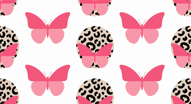 A repeating pattern of pink butterflies and leopard print circles on a white background